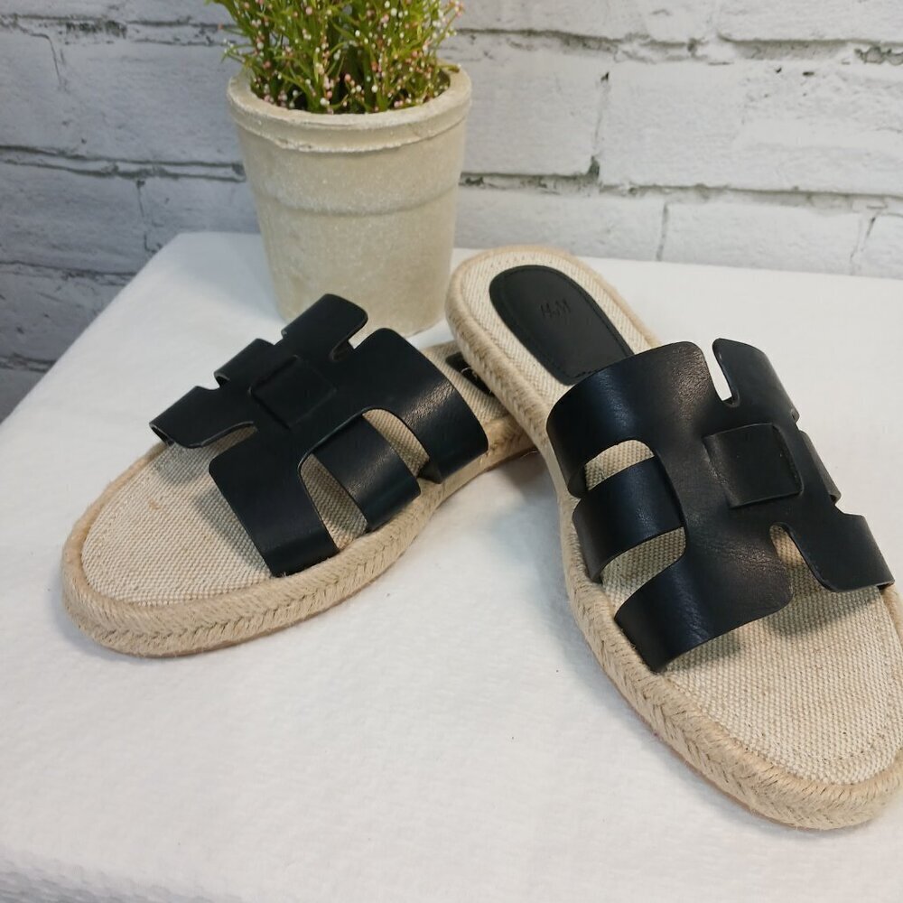 H & M WOMENS ESPADRILLE SANDALS BLACK SIZE 37 (US SIZE 6.5)